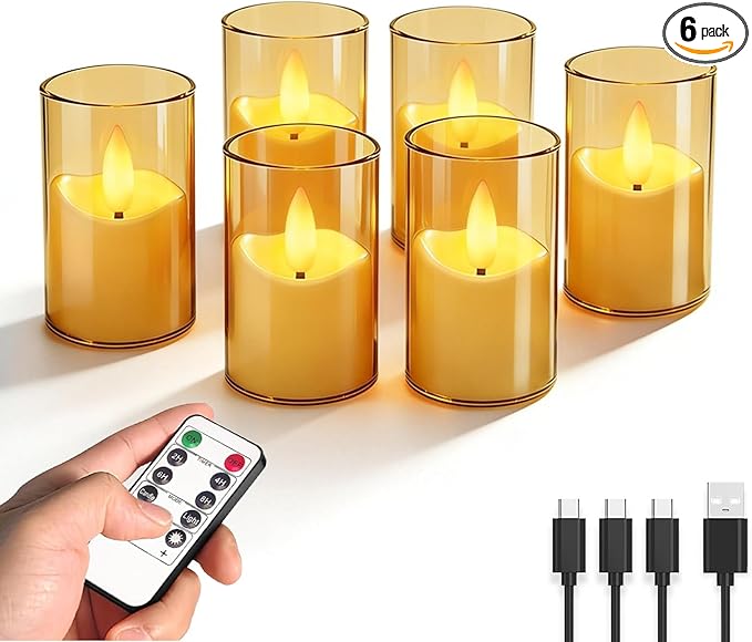 Rechargeable Acrylic Flameless LED Candles with Timer Control, Long Lasting Electric Tealights, Flickering Warm Glow Votive Candles for Holiday & Daily Decoration, (Set of 6, Amber)