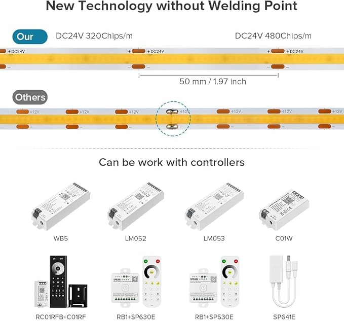 16.4FT IP65 Waterproof COB LED Strip 6000K 480LEDs/m Flexible High Density Uniform Bright LED Lights 9W/m, Dimmable 8mm DC24V COB Strips for Home Indoor Decoration, NO Power and Controller
