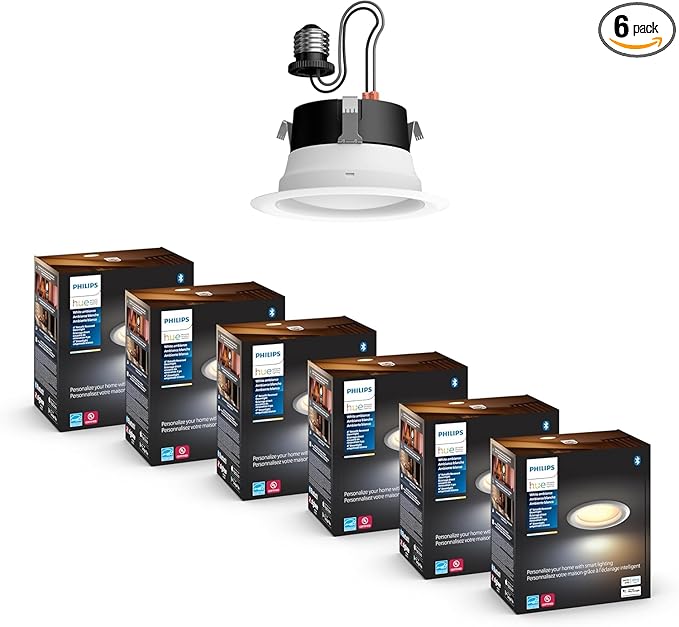 Philips Hue Smart Retrofit Recessed Lighting 4 inch, Warm-to-Cool White Recessed Lighting, 6 Pack, 850LM, Control with Hue App, Compatible with Alexa, Google Assistant, and HomeKit