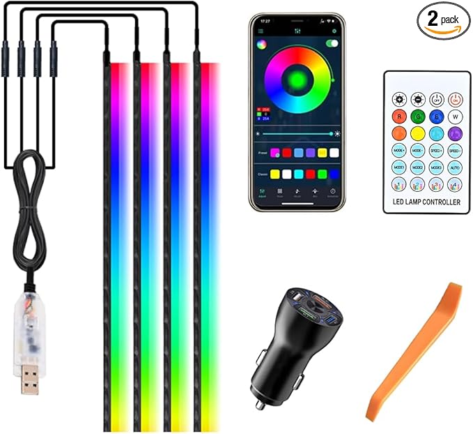Car SUV Door Frame Ambient Light Lighting, Car Door Ambient Lights LED RGB, Automotive Auto Interior USB Neon Accent Lights Strip Accessories, App Remote Control Music Sync, Acrylic, 4 Pack*9.84ft
