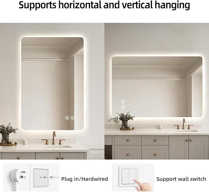 28" x 36" Backlit LED Bathroom Mirror, Smart Touch Switch, Anti-Fog Mirror, 3-Color Dimmable Lighting, CRI≥93, Wall-Mounted Vanity Mirror with Lights for Modern Bathroom (Horizontal/Vertical)