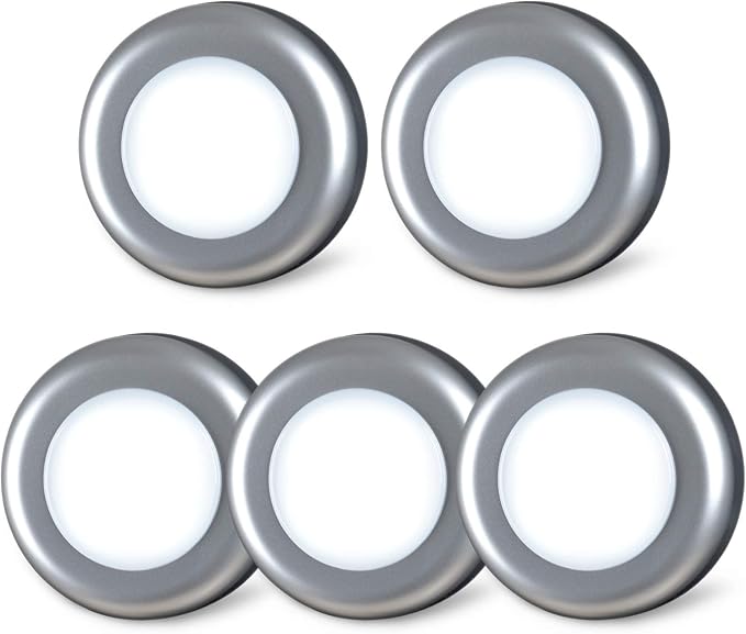 STAR-SPANGLED 5 Pack 2.8” Push Tap Lights, Stick on Touch Puck Lights AAA Battery Operated, LED Sticky Button Lights for Classroom, Kitchen, Under Cabinet, Closet (Sliver, Cool White)