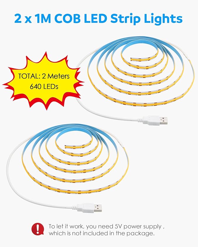 Aclorol COB LED Strip Lights 5V Cold White 6000K 3FT LED Light Strip High Density and Bright Under Cabinet Tape Light for Bedroom Bedframe Kitchen Sideboard Lighting Project 320LEDs/M (2 Pack)