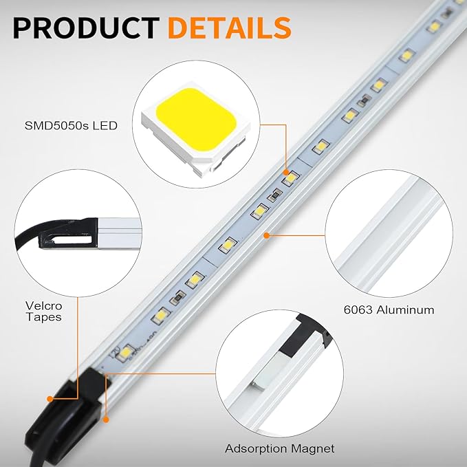 12V LED Interior Light Bar Kit Dimmable IP67 Waterproof Camping String Lights, 4 Bars White Aluminum Magnetic Mount Exterior Lights for RV, Camping Tent,Car