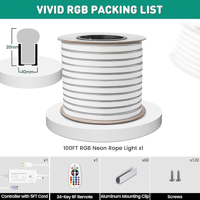 GZBtech RGB LED Neon Rope Lights 100FT/30M, AC 110-120V Waterproof Color Changing LED Rope Light with Remote Control, Dimmable Multi Color Strip Lighting for Indoor Outdoor Commercial Use, ETL Listed