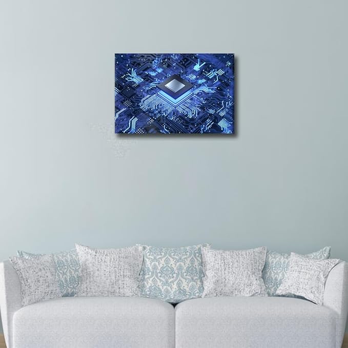 TUMOVO Office Wall Art Circuit Board Canvas Wall Art CPU Concept Contemporary Modern Artwork Computer Chip Pictures Wall Art for Living Room Bedroom House Decorations Framed Ready to Hang - 18x12in