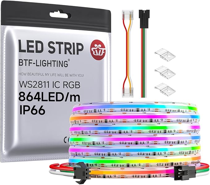 BTF-LIGHTING FCOB IP66 WS2811 IC RGB COB LED Strip 864LED/m Flexible High Density Color Chasing Uniform Light DC12V 16.4FT 24IC/m 12mm Width for Lighting Projects(No Adapter or Controller)