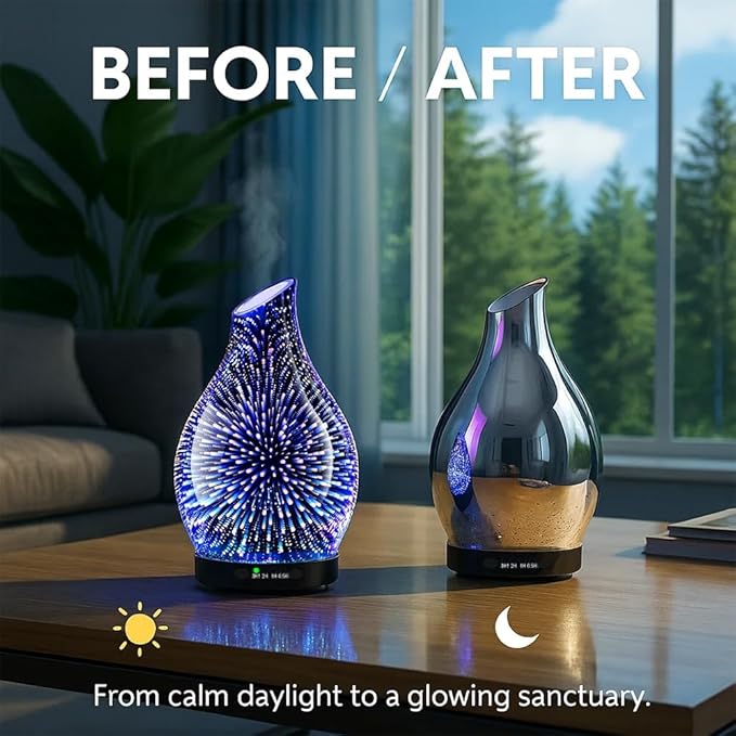 Essential Oil Diffuser & Essential Oils Set, Glass Aromatherapy Diffuser with 7 LED Colors, 6 Oils Gift Pack (Clean Home, Peppermint, Blossom Soapy, Soft Powder, Fresh Cotton, Fresh Linen)