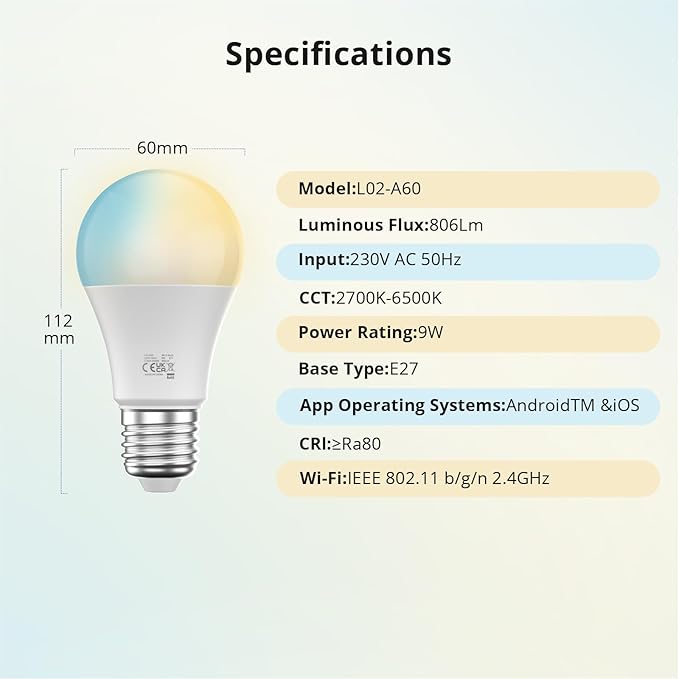 LED Smart Light Bulbs, Color Changing Light Bulb Work with Google Home, Alexa, Preset Scene, Music Sync, A60 E27 2.4GHz RGBTW WiFi Bluetooth 9W, 806LM