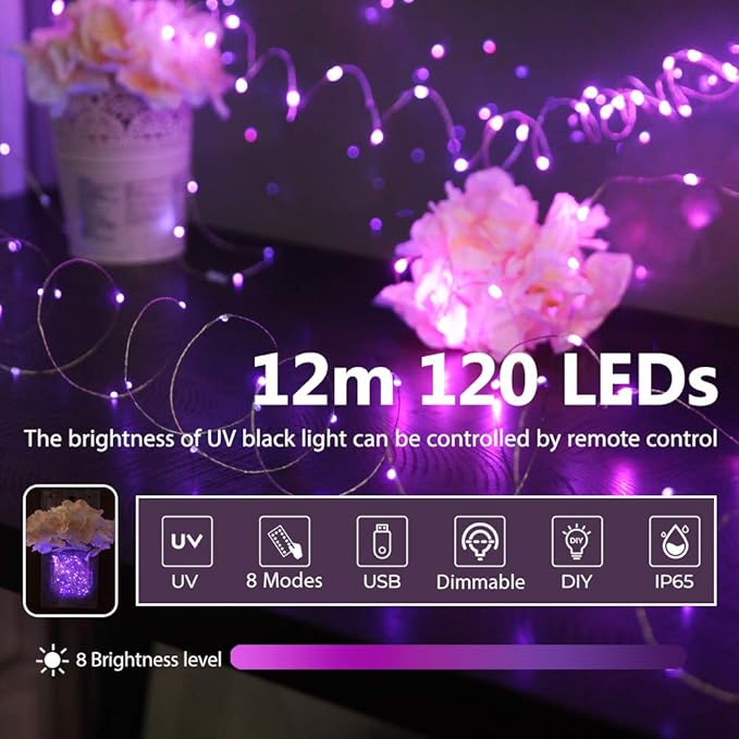 OMIKA 40ft LED UV Black Light, 120 Units 2835 LED UV Lamp Beads 8 Modes Flexible Blacklight Fixtures Fairy String Lights with Remote for Fluorescent Party Stage Lighting Body Paint Halloween Decor