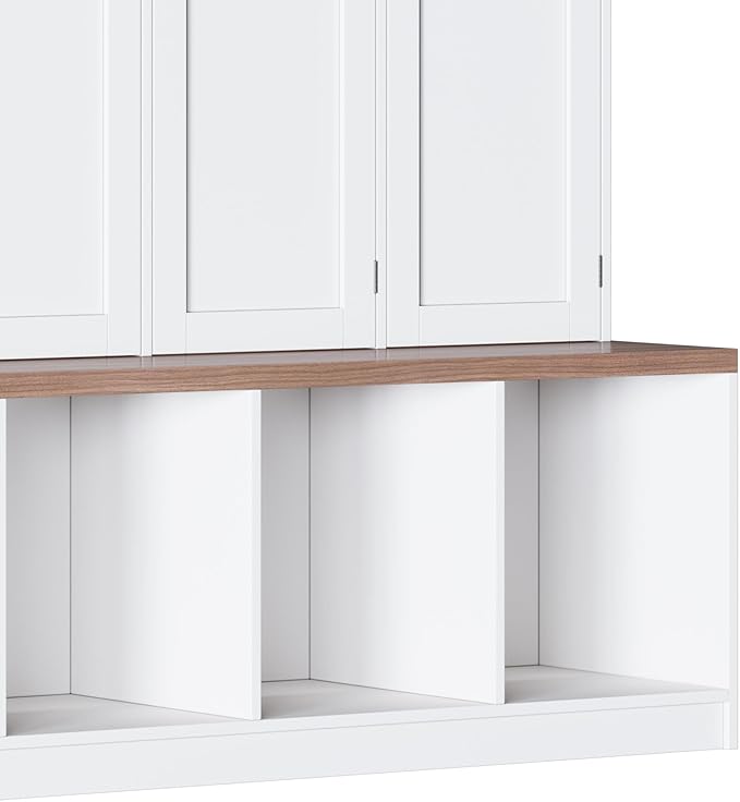 Hall Tree with Entryway Bench and Shoe Cabinet, Multi-Functional Seating Bench with 4 Hanging Hooks and 8 Doors, White
