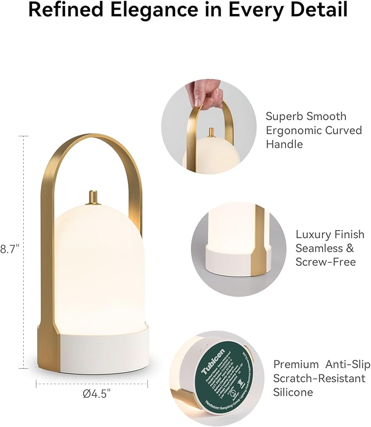 Tubicen Portable Lamp, Battery Operated Cordless Outdoor Table Lamps Rechargeable, 4-Level Touch Dimmable IP44 Shower Lamp, Night Light for Patio Camping Dining Room Bedroom (Brass White, Waterproof)