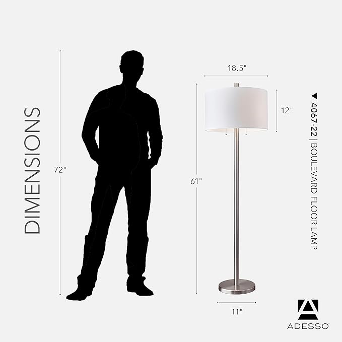Adesso Floor Lamp with Dual Pull Chains, Brushed Stee; Finish, White Fabric Lampshade – Bedroom, Home Office Lighting, or Living Room Decor, 61” x 18.5”