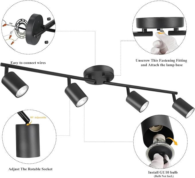 BoostArea LED 4 Light Track Lighting Kit, Black 4 Way Ceiling Spot Lighting, Flexibly Rotatable Light Head for Kitchen, Living Room, Bedroom, Bulb Not Included