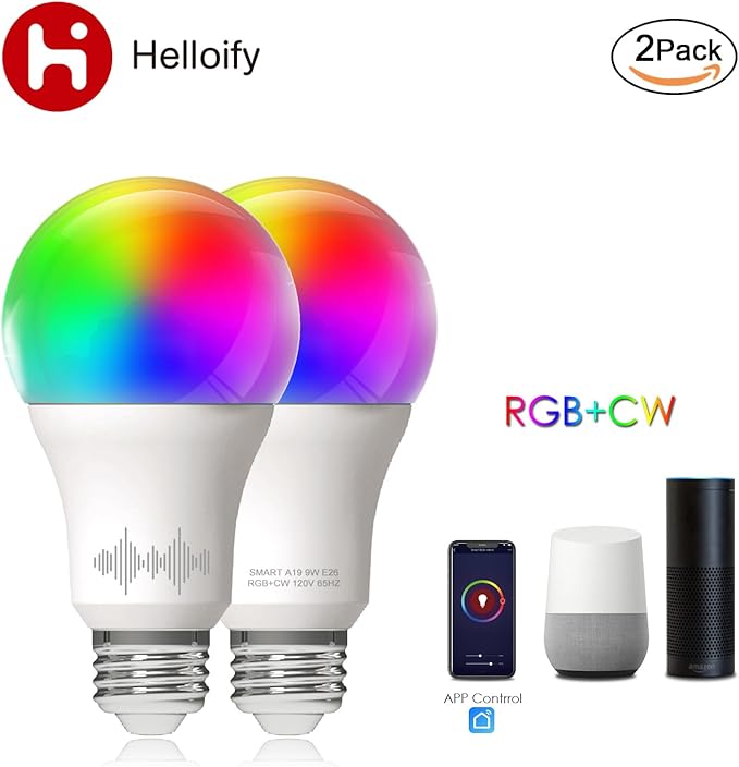 A19 Smart WiFi LED Light Bulbs, RGBCW Multi-Color Changing, Warm to Cool White Dimmable, Compatible with Alexa & Google Home (No Hub), 60W Equivalent E26, RGB+2700K-6500K, 2 Count