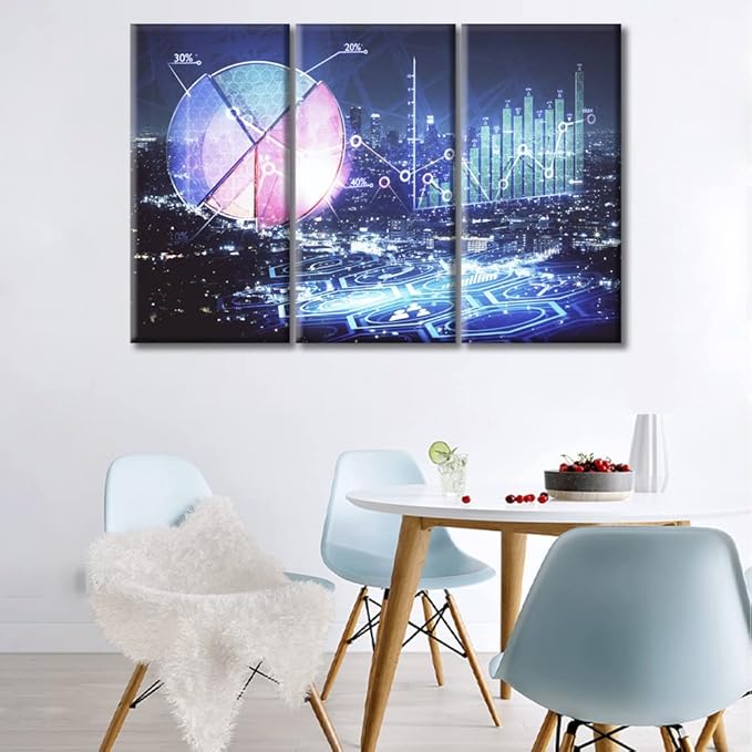 3 Piece Financial Graph on Night City Scape with Tall Buildings Background Wall Art Analysis Concept Paintings Black and White Wall Art House Decor Stretched and Framed Ready to Hang (42"Wx28"H)