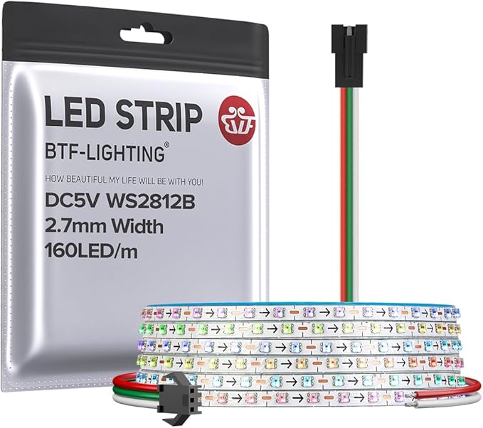 BTF-LIGHTING WS2812B IC RGB 2.7mm Ultra Narrow LED Strip 0807SMD DC5V Individually Addressable 9.8FT 160Pixels/m 480LED Dream Color Tape Light for Home DIY Decoration IP30 (No Adapter or Controller)