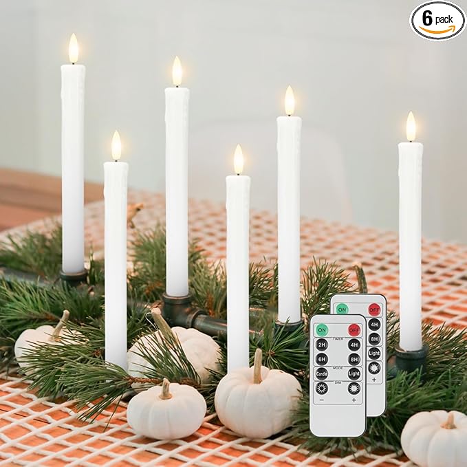 Flameless Taper Candles with Remote, 6 Pack Real Wax LED Battery Operated Candle with Flickering Flame, Safe Home Décor for Living Room, Bedroom, and Dining Table, Dripping Wax White