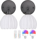 Vintage Battery Operated Wall Sconce with White Tulip Glass Lampshade Rechargeable Battery Powered Black Wall Light with Remote Control for Bedside Bedroom Doorway, Set of 2