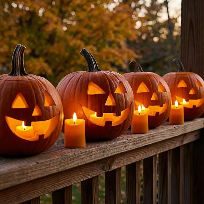 Simplelight Orange Halloween Flameless Votive Candles with Timer, Realistic Black Wick Fall Candles Battery Operated, Battery Included, D 1.8” X H 3.1”, Set of 6 for Pumpkin Decoration (Orange)