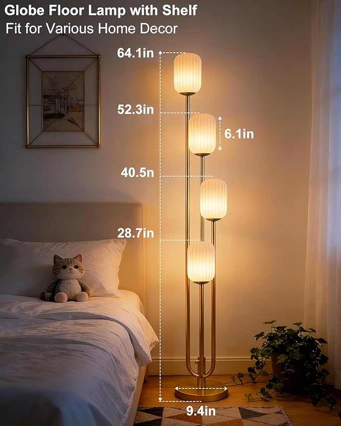 Lightdot Gold Floor Lamp 4-Lights Dimmable Floor Lamps with Cylinder-Shaped Lampshade 3000K Bulbs Included Unique Modern Standing Tall Lamp for Living Room/Bedroom/Sofa Beside/Corner Decor
