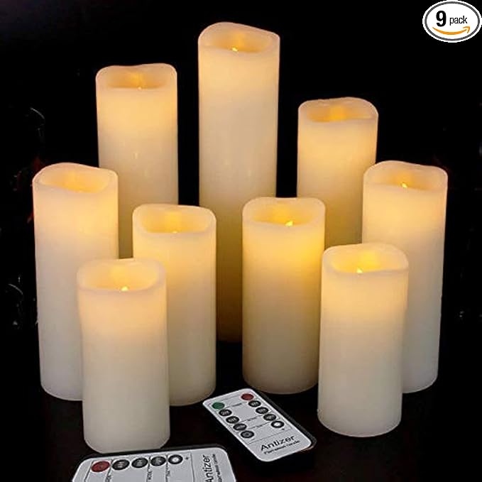 antizer Flameless Candles Led Candles Pack of 9 (H 4" 5" 6" 7" 8" 9" x D 2.2") Real Wax Battery Candles with Remote Timer for Home Fireplace Decor Wedding Festival Decor (Ivory 9 Pack)