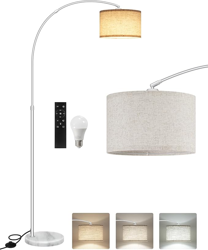 75" Arc Floor Lamp with Marble Base and Adjustable Height, Rotating Hanging Shade, Dimmable Floor Lamp for Living Room with Remote and Foot Switch, 3CCT, Beige Shade and Silver Pole SE15LD05N1