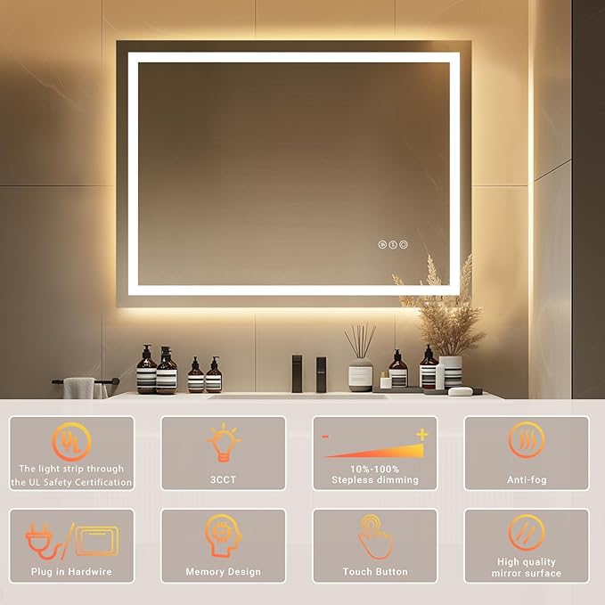 24"x 32" LED Bathroom Mirror with Stepless Dimmable, Backlight Wall Mirrors with Anti-Fog Bathroom Digital Mirror for Wall, 3 Color Modes, Memory Function Smart Mirror