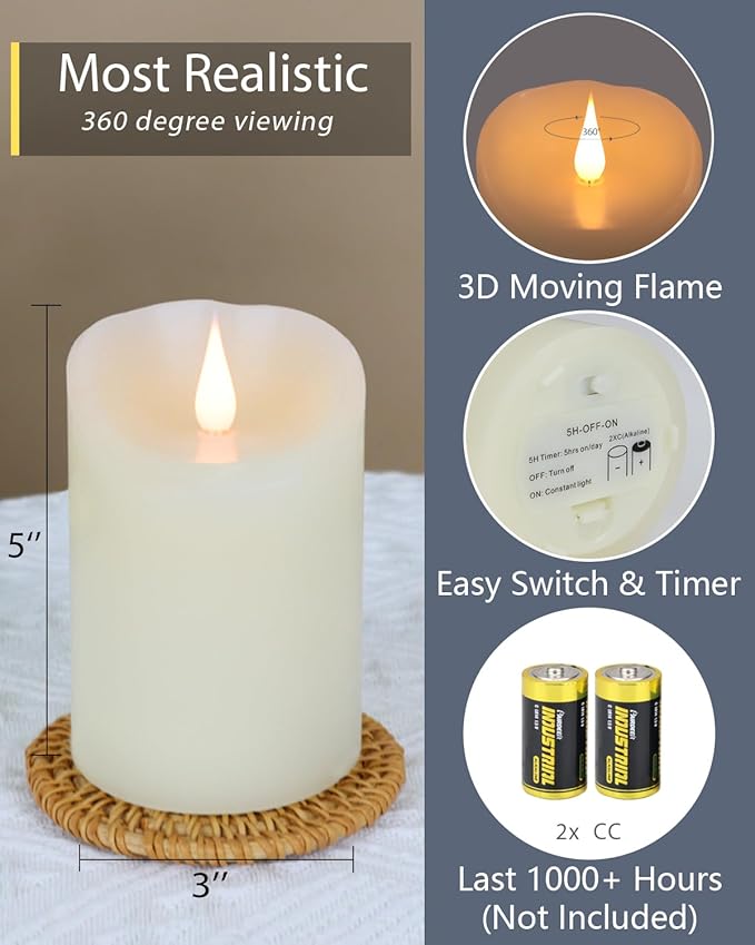 Flameless Candles Flickering 3D Moving Flame, Last 1000+ Hours Battery Operated Candles with Timer, Ivory Real Wax Electric LED Pillar Candles for Home Wedding Decoration | 3" x 5"