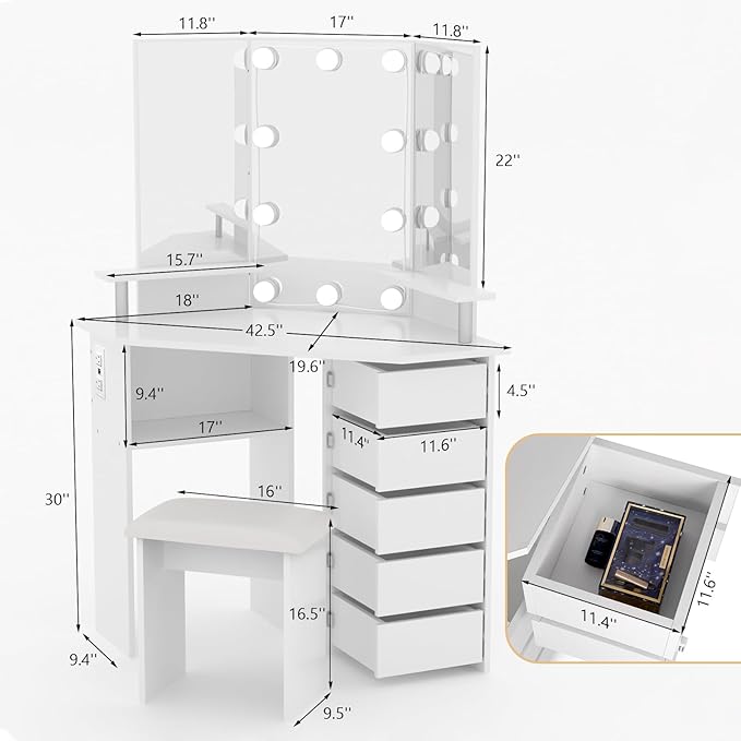 VOWNER Vanity with Lights - Makeup Vanity Desk with Power Outlet, 3 Color Lighting Options Brightness Adjustable, 5 Rotating Drawers, Shelves and Stool for Bedroom, White
