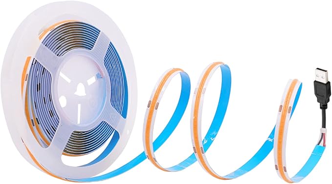 Cob Led Strip Lights, 5 Meters/16.4 FT Long 8MM/ 0.32 Inch Wide 5V LED COB Light High Density 320LEDs/m Flexible LED Lamp Tape Home Decoration, Warm White, USB Plug Without Dimmer