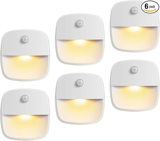 AMIR Motion Sensor Light Indoor, Upgraded Battery-Powered LED Night Light with PIR Technology for Bathroom, Kitchen, Stairs, Under Cabinet, Closet, Stick on Anywhere Hallway Lamp (Warm White, 6-Pack)