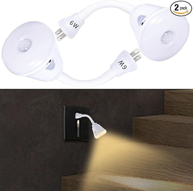2 Pcs Plug in Motion Sensor Night Light Indoor LED Infrared Motion Detector Night Light for AC Outlet, Dusk to Dawn Sensor, 360° Rotating for Stairs Garage, 6W Warm White Light US Plug