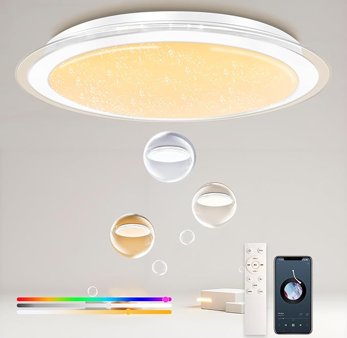 Dimmable Round LED Ceiling Light Flush Mount 21 Inch 60W Built-in Bluetooth Speaker Modern Lighting Fixtures RGB Ambient Ceiling Lamp Suitable for Bedrooms Kitchen Kids' Rooms and More