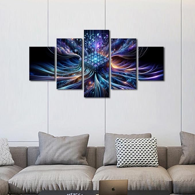 TUMOVO 5 Panel Wall Art Home Decor for Living Room Modern Technology Painting House Decorations CPU Concept Print Artwork Canvas Posters and Prints Home Decor Framed Ready to Hang 60" Wx32 H