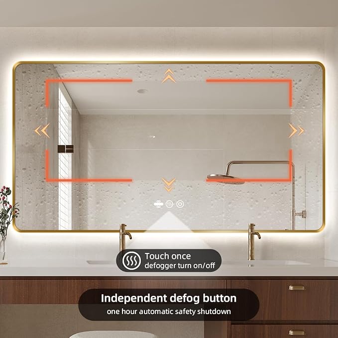 56 x 36 Gold LED Bathroom Mirror, Metal Framed Rounded Corner Rectangle Backlit Mirror Bathroom, Anti-Fog, 3-Color Stepless Dimmable Lighted Mirror, Motion Sensor Lights, Memory Function