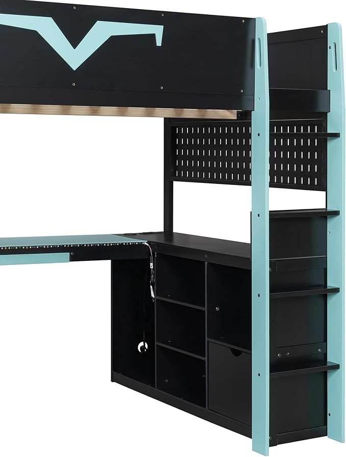 Full Size Gaming Loft Bed with Integrated Desk & RGB LED Lights,Bunk Bed with Power Outlet, Large Bookshelf, Pegboard, Keyboard Tray & Drawer (Blue-Bo, Full)