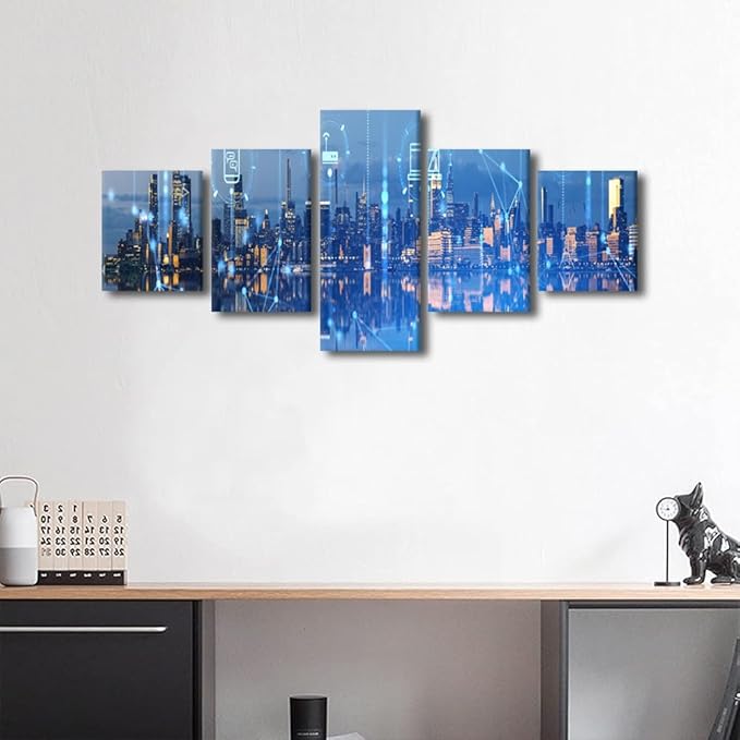 Canvas Wall Art for Living Room New York Modern City Poster Advanced Internet Graph 5 Panel Wireless Network Poster Native Americans Home Decoration Teacher Office Bedroom Decor 50x24 Inch