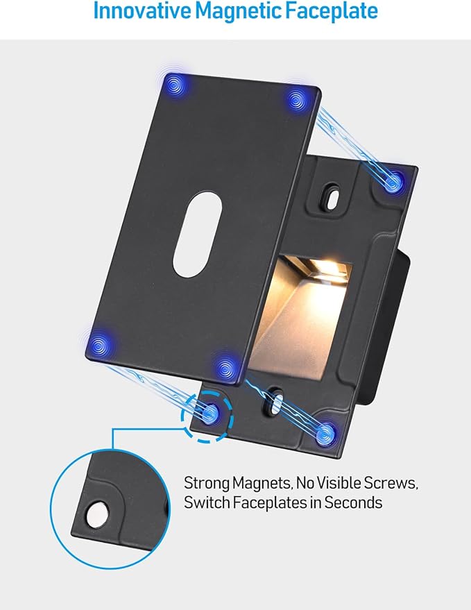 LEONLITE Indoor LED Step Light, 5CCT 120V Dimmable Pin Hole Stair Lights, Anti-Glare 30° Streamlined Lighting Effect for Staircase Bedroom, CRI90, ETL, Black, Vertical, Pack of 6