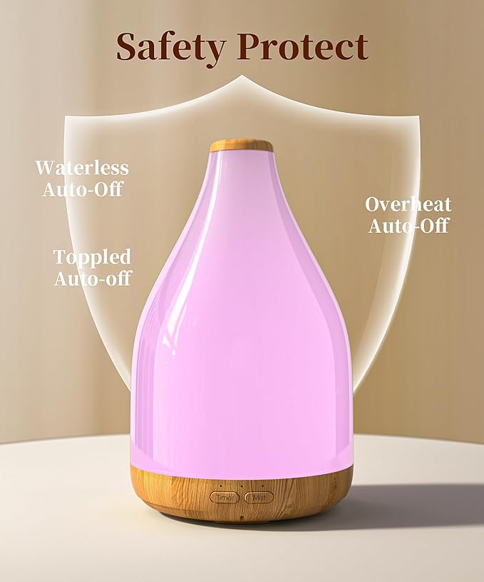 Essential Oil Diffuser for Home, 300ML Modern Décor Aromatherapy Diffusers Large Room Fresh Air Scent, Ultrasonic Cool Mist Humidifier & Color Light, 1-3-6H Timer Auto Shut-Off, Brown