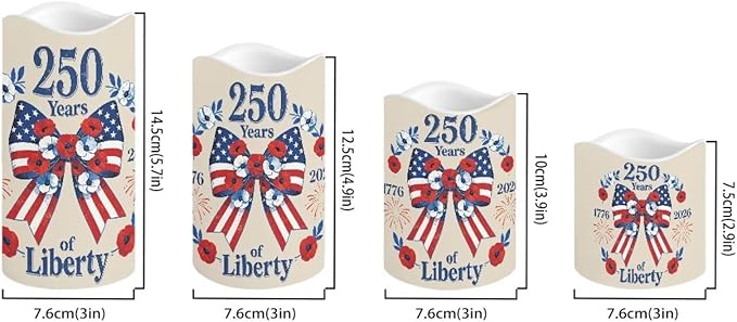 250 Years of Liberty Electric Flameless Candles Bow Flowers LED Battery Operated Remote 250th Anniversary Fourth of July Lamp Patriotic Decor for Home Patio Celebration Set of 4