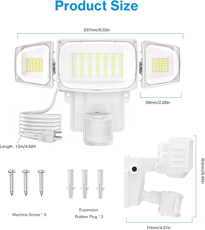 Olafus 70W Motion Sensor Outdoor Light Plug in, Motion Flood Light Dusk to Dawn, 7000LM LED Security Light IP65 Waterproof, Motion Activated 6500K PIR Sensor Lighting for Garage Yard Patio Eave, White