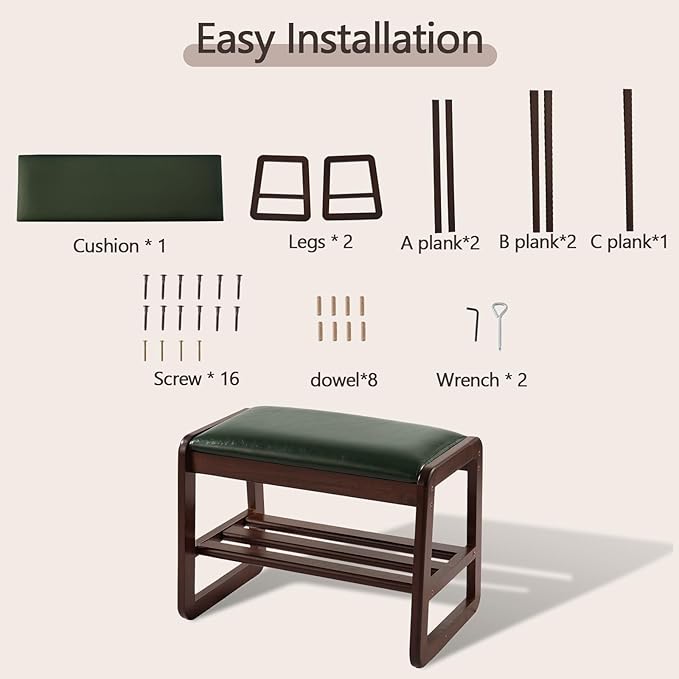 Small Shoe Rack Bench,2 Tier Wooden Entryway Bench with Shoe Storage, Shoe Rack with Cushion for Living Room, Hallway(Green, 21.6")