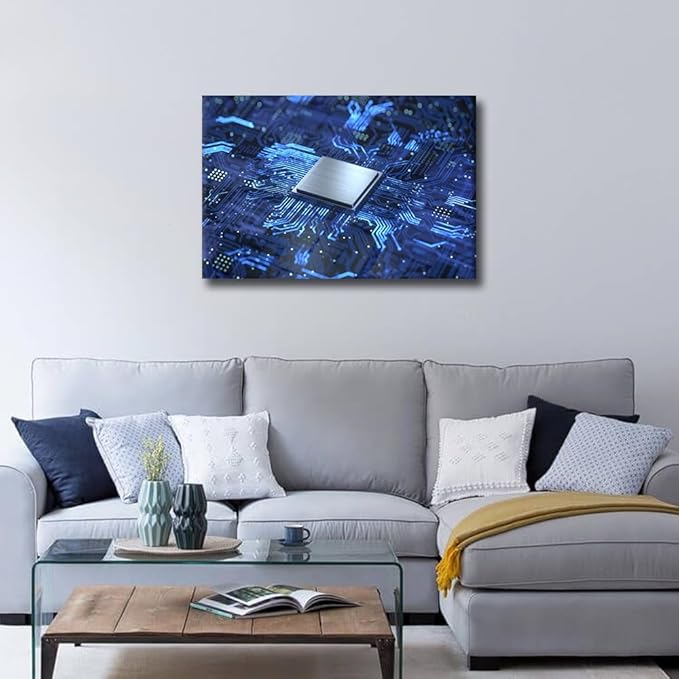 TUMOVO Internet Concept Wall Art for Bedroom CPU Concept Wall Decor Circuit Board Framed Canvas Art Pictures House Deocrations for Living Room Office Large Wall Art Framed Ready to Hang - 24x16in