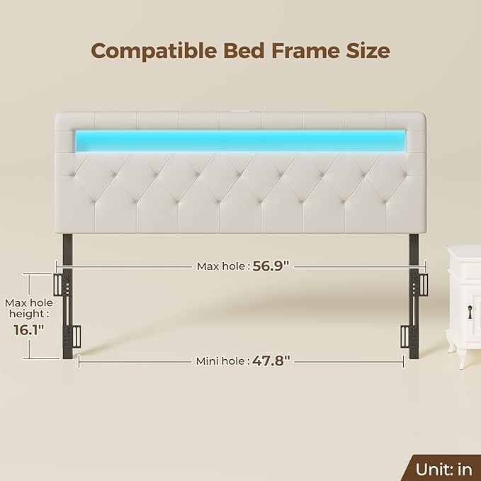 GREENSTELL Headboard for Full Size Bed with 60,000 DIY Color of LED Light, USB & Type C Post, Upholstered, Height Adjustable, Sturdy, Easy Assembly, Wall Mounted Head Boards Only, White