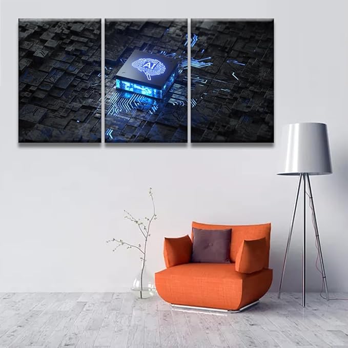 Modern Wall Art 3 Panel Printed AI Artificial Intelligence Concept Pictures Print On Canvas Wall Decor for Living Room, Wooden Framed Gallery-Wrapped Ready to Hang, 16x24inchx3