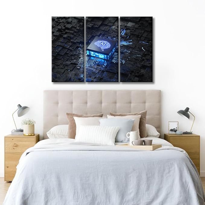 LSIUHWUWI AI Artificial Intelligence Concept Wall Art 3 Panel Modern Canvas Print Art for Living Room Bedroom Decoration,Artwork for Home Wall Decoration Framed Ready to Hang, 20x40inchx3