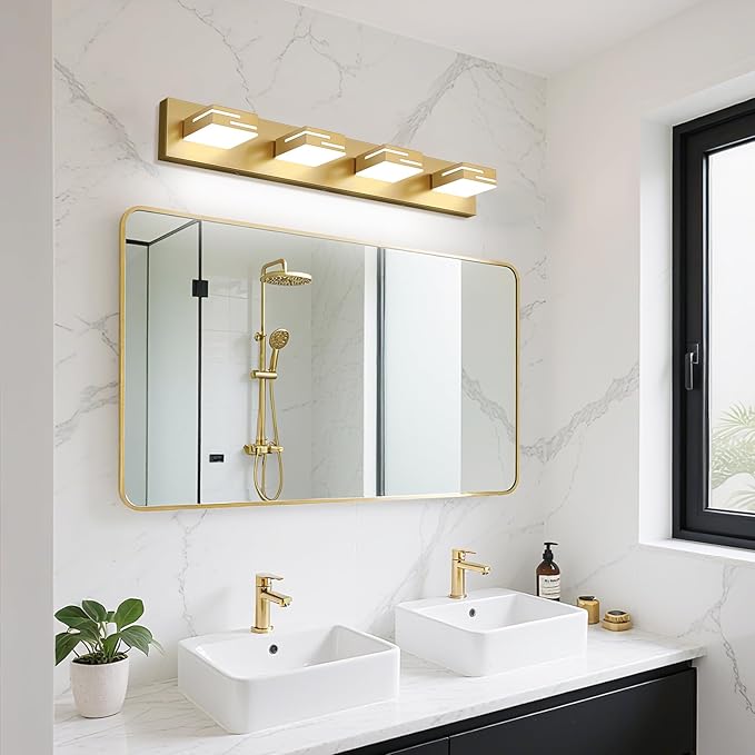 LED Modern Bathroom Vanity Light Fixtures, 4-Light 28-inch Dimmable Gold Vanity Lights for Bathroom Lighting Fixtures Over Mirror, with 350° Rotatable Heads (Cool White 6000K)