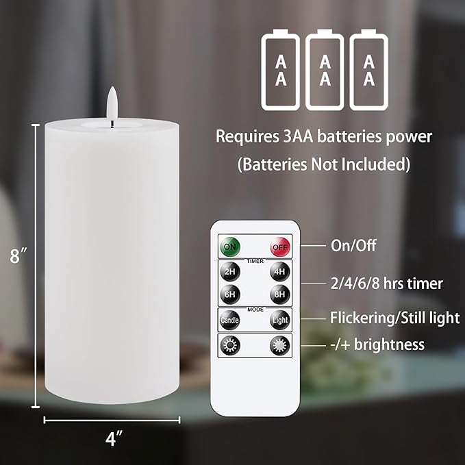 Flameless Flickering 4" x8" Real Wax White Remote Candles with Candle Grease, Pack of 2 Timer LED Battery Operated Fake Warm Light Pillar Candles for Home, Banquet, Ceremony Decoration