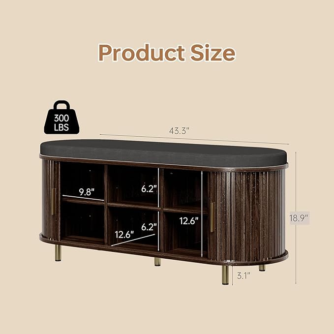 Entryway Bench with Storage: 43.31" Wooden Bedroom Shoe Bench with Thickened Padded Seat Cushion, Mid Century Modern Fluted Sliding Door and Adjustable Shelf, for Entryway, Living Room